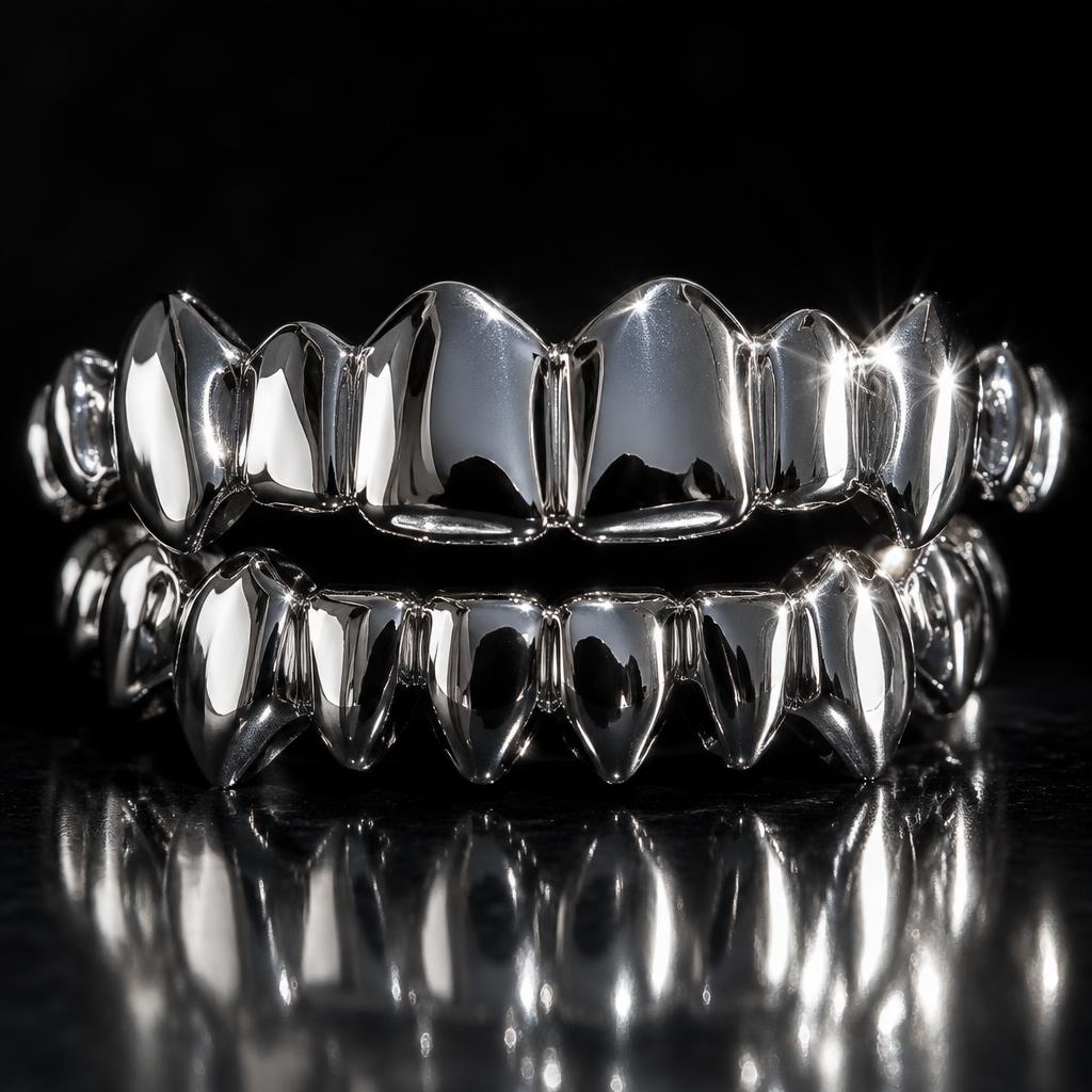 Grillz de prata polida feito sob medida pela Bangs Grillz